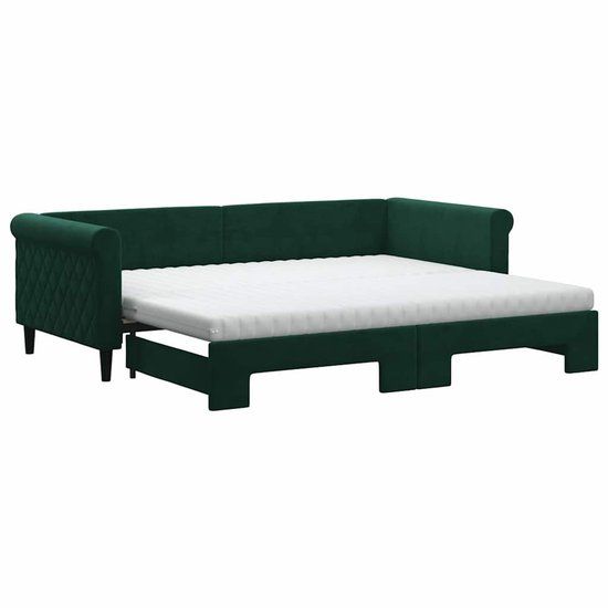 vidaXL Slaapbank met onderschuifbed en matrassen 90x200cm fluweel donkergroen