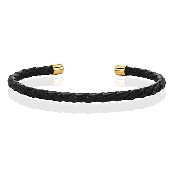 LGT JWLS Smalle Dames Armband van Zwart Leer met Goudkleurige Dopjes