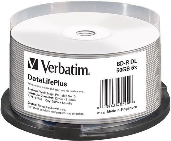 Verbatim BD-R - Blu-Ray Disc 50 GB, bedrukbaar oppervlak, 6x brandsnelheid, DataLifePlus, 25 Pack Spindle