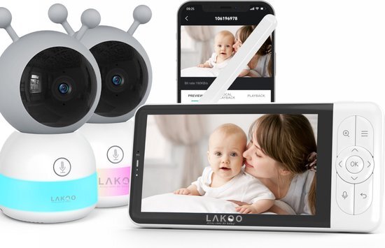 Lakoo® BabyGuard Pro 6T 2 camera's - Babyfoon met Camera en app - Babyfoon met monitor - wifi - Uitbreid baar - nachtzicht - Gratis app - BesteVerkocht - Terugspreekfunctie - Tempratuurweergave