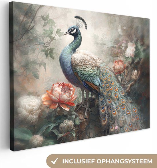 OneMillionCanvasses Canvas Schilderij Pauw Vogel 160x120 cm - Wanddecoratie