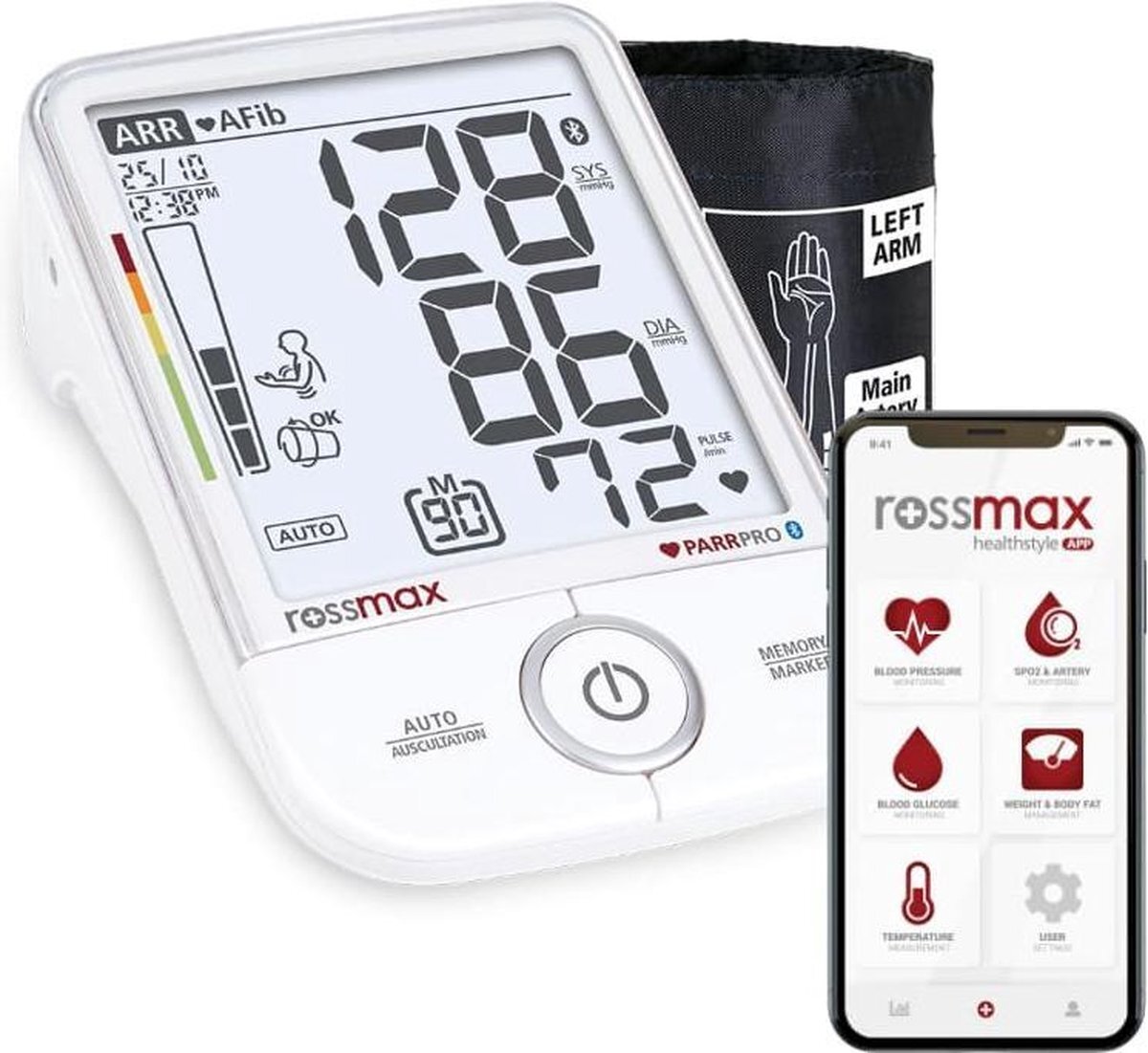 Rossmax X9 BT professionele bovenarm bloeddrukmeter met boezemfibrilleren (AFib) detectie en smartphone verbinding
