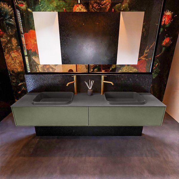 Mondiaz ERIN 200cm badmeubelset onderkast Army met 2 lades + Wastafel RIDGE dubbel 2 kraangaten Dark grey ERIN11802