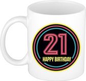 Bellatio Decorations Mok / Beker - Happy Birthday 21 Jaar - Neon - Roze - Keramiek - 300 ml