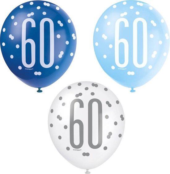 Unique Party 83401 Polka Dots 60e Verjaardag Latex Ballonnen, 12" | Geassorteerd | 6 Pcs, Blauw, Leeftijd 60