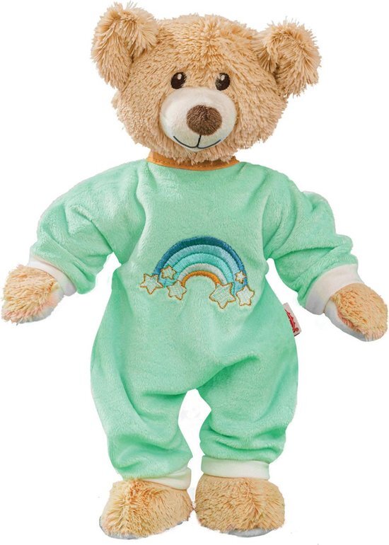 Heless 8 knuffeldier Teddy Dreamy met mintkleurige zachte velours romper, ca. 22 cm grote teddybeer om van te houden en als speelgenoot voor baby's en peuters, bruin