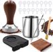 PromoHome Set de barista complet - Tamper à expresso de 51 mm avec manche en bois, pichet à lait de 350 ml, stylo à latte art, accessoires de nettoyage et pochoirs