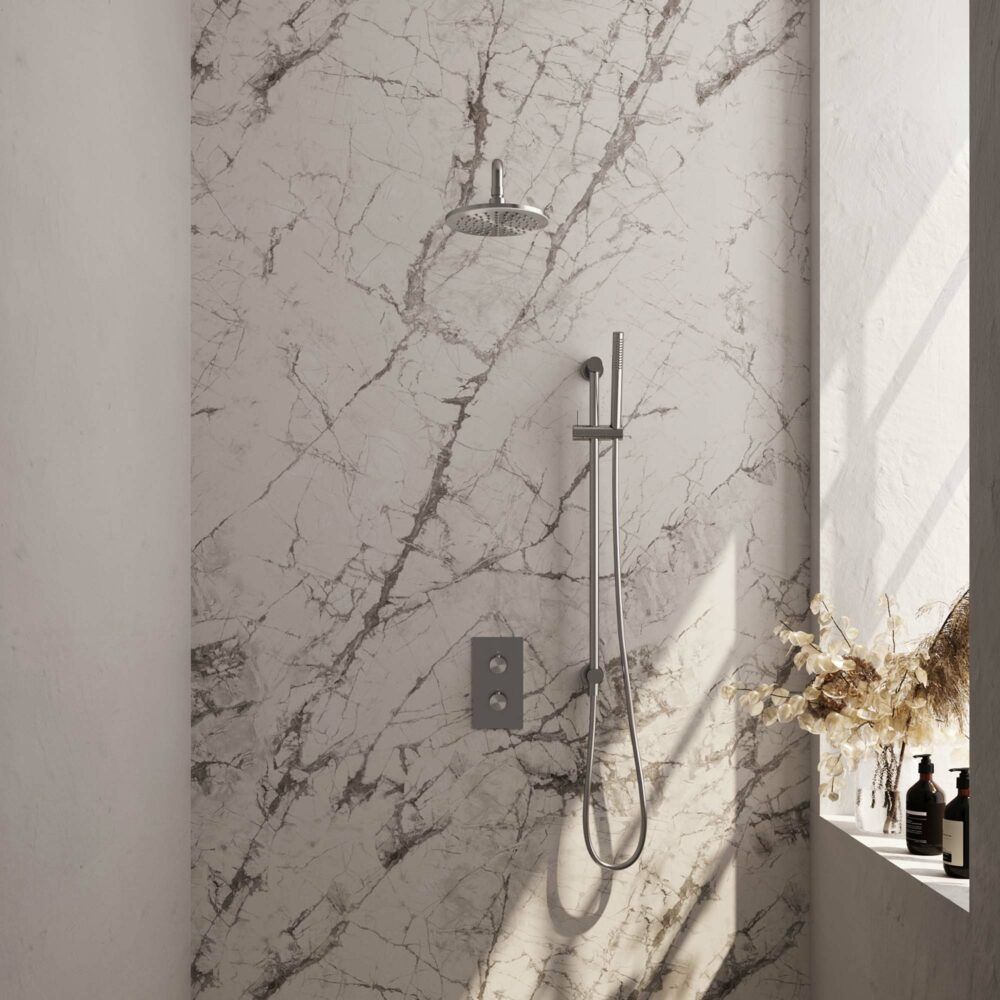 Brauer Brushed Carving thermostatische inbouw regendoucheset met 2-weg omstel 40cm gebogen wandarm met 20cm ronde hoofddouche 1 stand staafhanddouche 150cm gladde doucheslang met glijstang en handdouchehouder RVS geborsteld PVD 5-NG-135