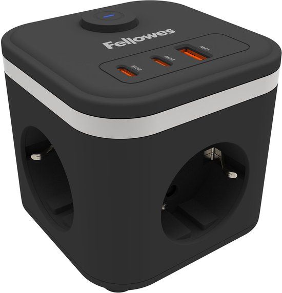 Fellowes Power Cube Stekkerdoos –Type F - 3 Stopcontacten + USB-C & USB-A – 2M Kabel – Met Schakelaar – Kubus Verlengsnoer