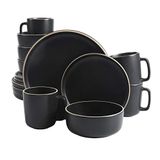 Gibson Home Zuma 16-delige ronde keukenset, borden, borden, kommen, mokken, servies voor 4, mat aardewerk, zwart