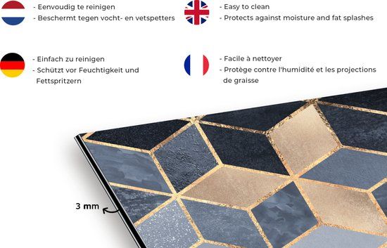 KitchenYeah Spatscherm keuken - Luxe - Kubus - Patronen - Goud - 120x80 cm
