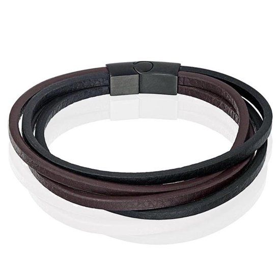 Mendes Heren armband Leer Multi Mendes Edelstaal Zwart Bruin-21cm