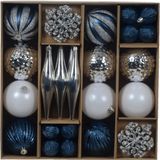 Decoris Kerstballen en ornamenten set - 46-delig - blauw/wit/zilver - kunststof