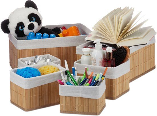 Relaxdays Opbergmand 6er Set - Stoffen Bekleding - Opbergmandjes Bamboe - Opbergbox Natuur