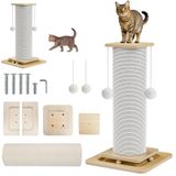 Kraboom Poteau griffoir 3-en-1 - Bois - Corde de sisal - Balles interactives - Conception simple - 60 cm - Blanc