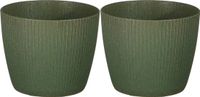 Mica Decorations Plantenpot/Bloempot - 2x - Kunststof - Donkergroen/Ribbels - D14/H14 cm