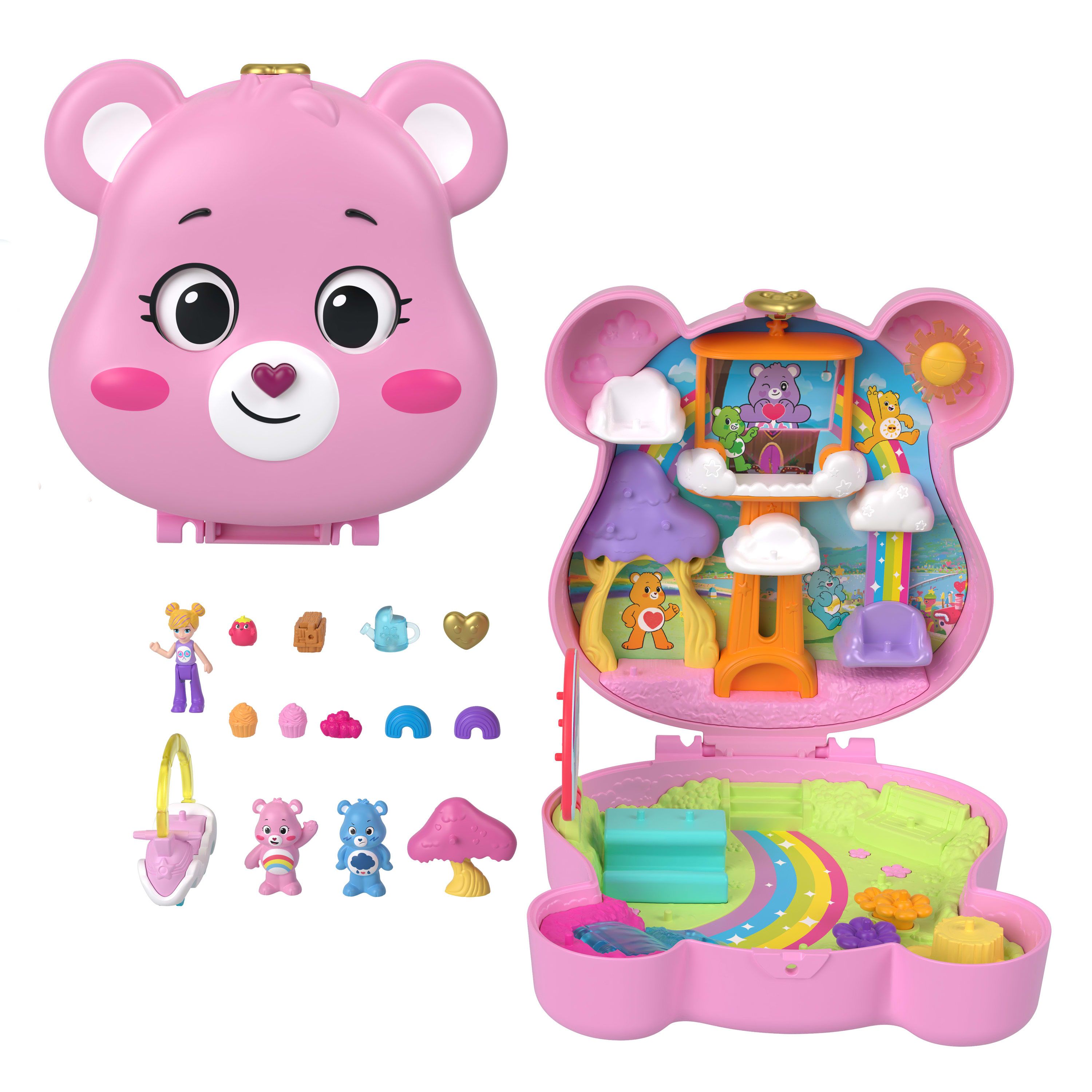 Polly Pocket x Troetelbeertjes Poppen en Speelset met Speelgoedauto en Thematische Accessoires, Compact Speelgoed voor Onderweg