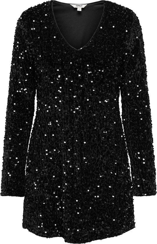 ONLY ONLANIKA LS SEQUINS V-NECK DRESS WVN Black L
