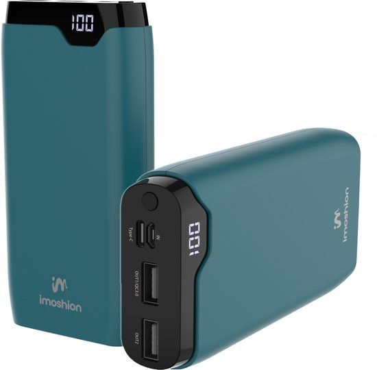 imoshion Powerbank 20000 mAh - 22.5W Snellader - USB C / USB A - LED Display - Petrol Green