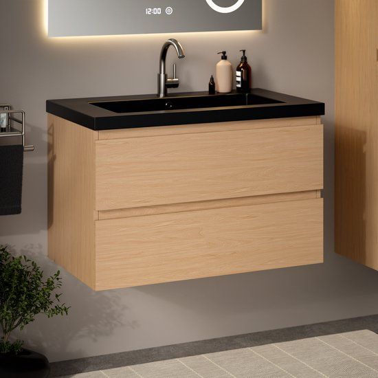 Mirlux Badkamermeubel Licht Eiken 80 cm - Zwarte Wastafel