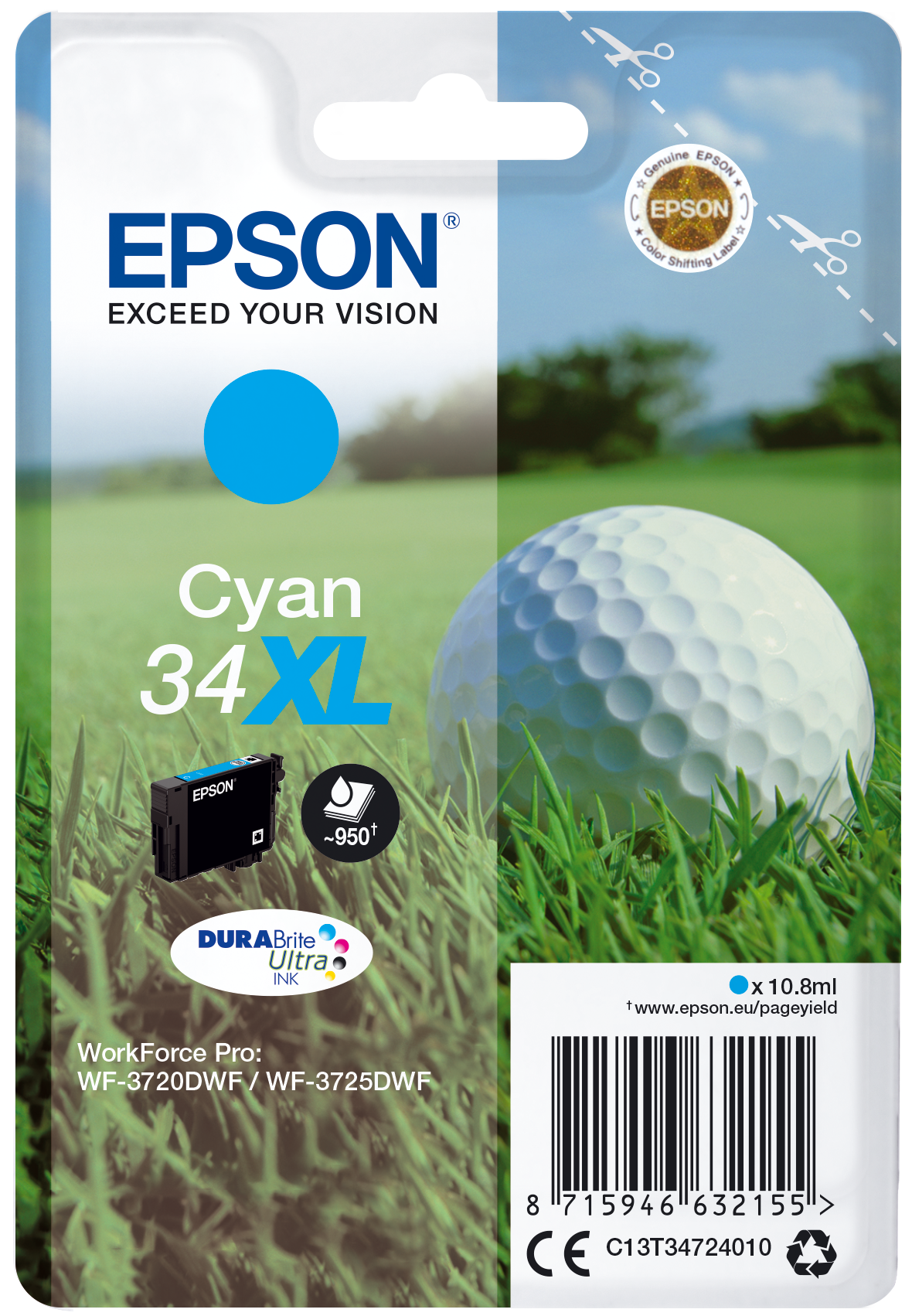 Epson Golf ball Singlepack Cyan 34XL DURABrite Ultra Ink single pack / cyaan