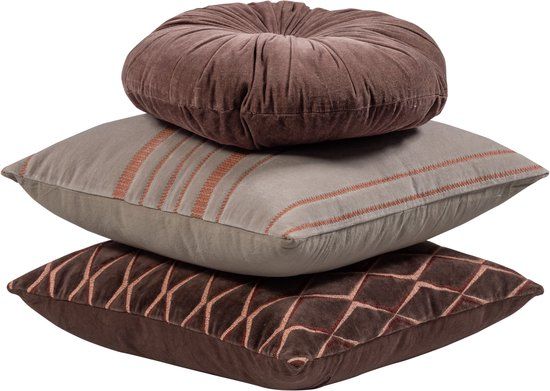 WOOOD Aziz Kussens - Velvet stof - Bruin/Naturel - Set Van 3