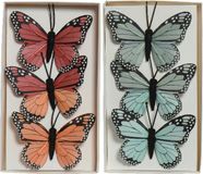 Decoris Decoratie vlinders op draad - 6x stuks - blauw - rood - 6 cm