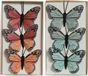 Decoris Decoratie vlinders op draad - 6x stuks - blauw - rood - 6 cm