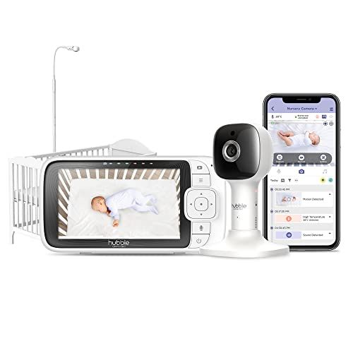 HUBBLE CONNECTED Nursery Pal SkyView babyfoon met camera, 5-inch scherm, kinderbedhouder, 7-kleuren nachtlampje, infrarood nachtzicht, tweeweggesprek, kamertemperatuursensor en smartphone-app