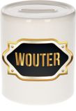 Bellatio Decorations Shoppartners Bv Spaarpot met voornaam Wouter - wit - met goud/zwart embleem - 8 x 9 cm - keramiek - met afsluitdop - cadeau verjaardag