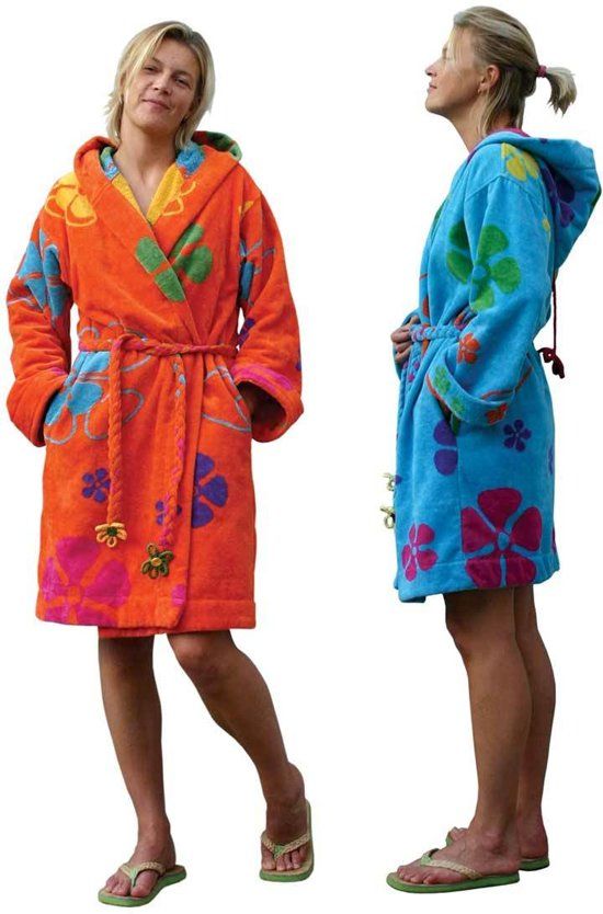 Funky badjas Dames oranje - lengte 100cm - capuchon - velours katoen - maat Xl/XXL
