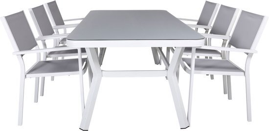 Hioshop Virya tuinmeubelset tafel 100x200cm en 6 stoel Copacabana zwart, grijs, wit.