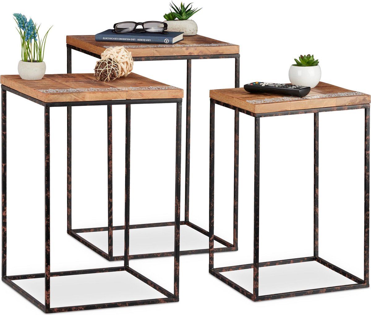 Relaxdays Bijzettafel - Set van 3 - Mangohout - Zwart Metaal