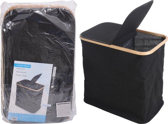 Relaxwonen Wasmand - 70 l - Zwart - Rechthoek - Bamboe deksel - Inklapbaar - Wassorteerder