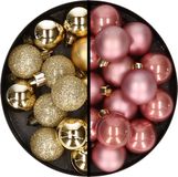Merkloos / Sans marque Billiet - Vanlaere Kerstballen 36x stuks - 3 en 4 cm - goud en oudroze - kunststof