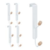 Relaxdays 5-delige set deurhaken, bamboe en metaal, wit/naturel