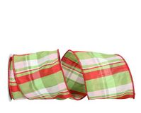 Reliant Ribbon Lime Plaid Dupioni Wired Edge Ribbon, 4 Inch X 10 Yards, Red/lime