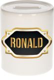 Bellatio Decorations Shoppartners Bv Spaarpot met voornaam Ronald - wit - met goud/zwart embleem - 8 x 9 cm - keramiek - met afsluitdop - cadeau verjaardag