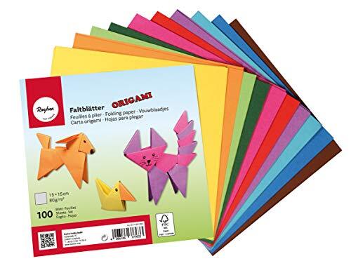 RAYHER HOBBY 71831000 Origami vouwbladen, 100 vellen gesorteerd, 10 kleuren dubbelzijdig, basiskleuren, knutselpapier voor kinderen en volwassenen, 15 x 15 cm, 80 g/m2