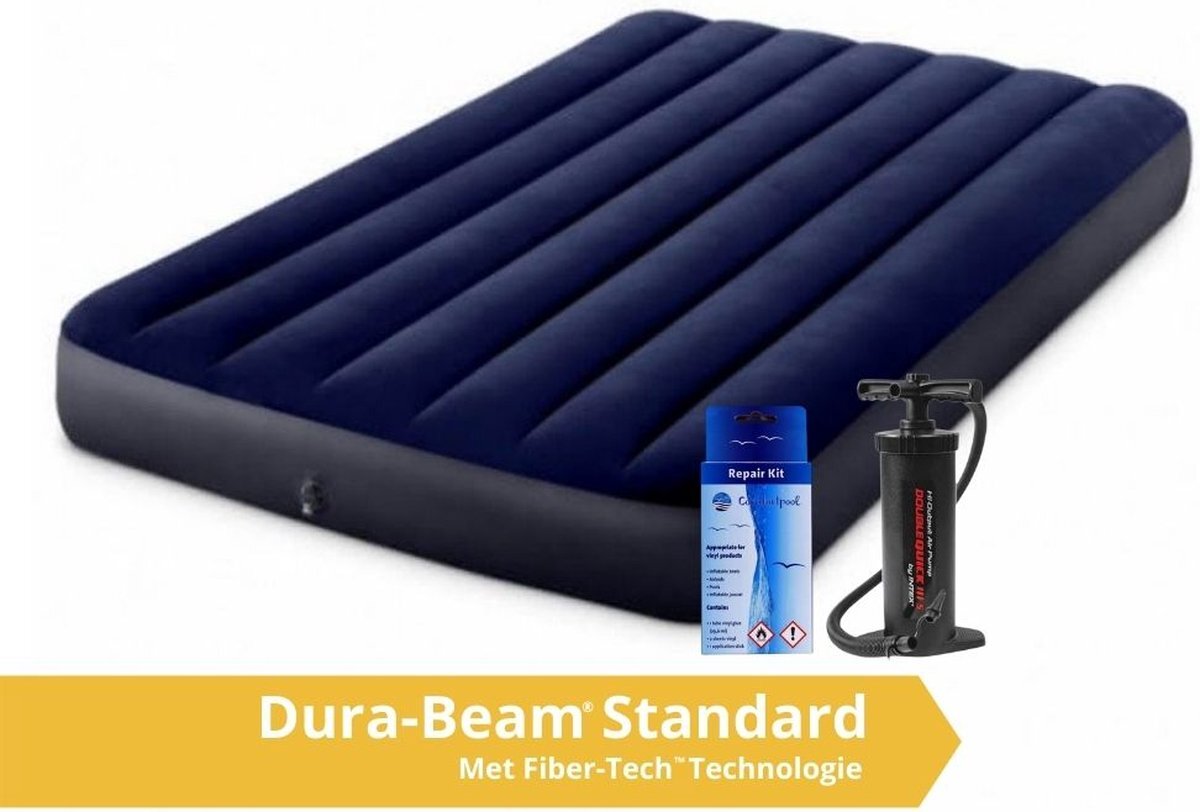 Intex Classic Dura-Beam - Luchtbed - Twijfelaar - Met Repairset en Handpomp -191x137x25 cm - PVC - Blauw