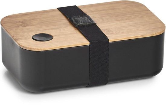 Zeller Lunchtrommel/broodtrommel 2-vaks - zwart/naturel - bamboe - 19 x 7 cm