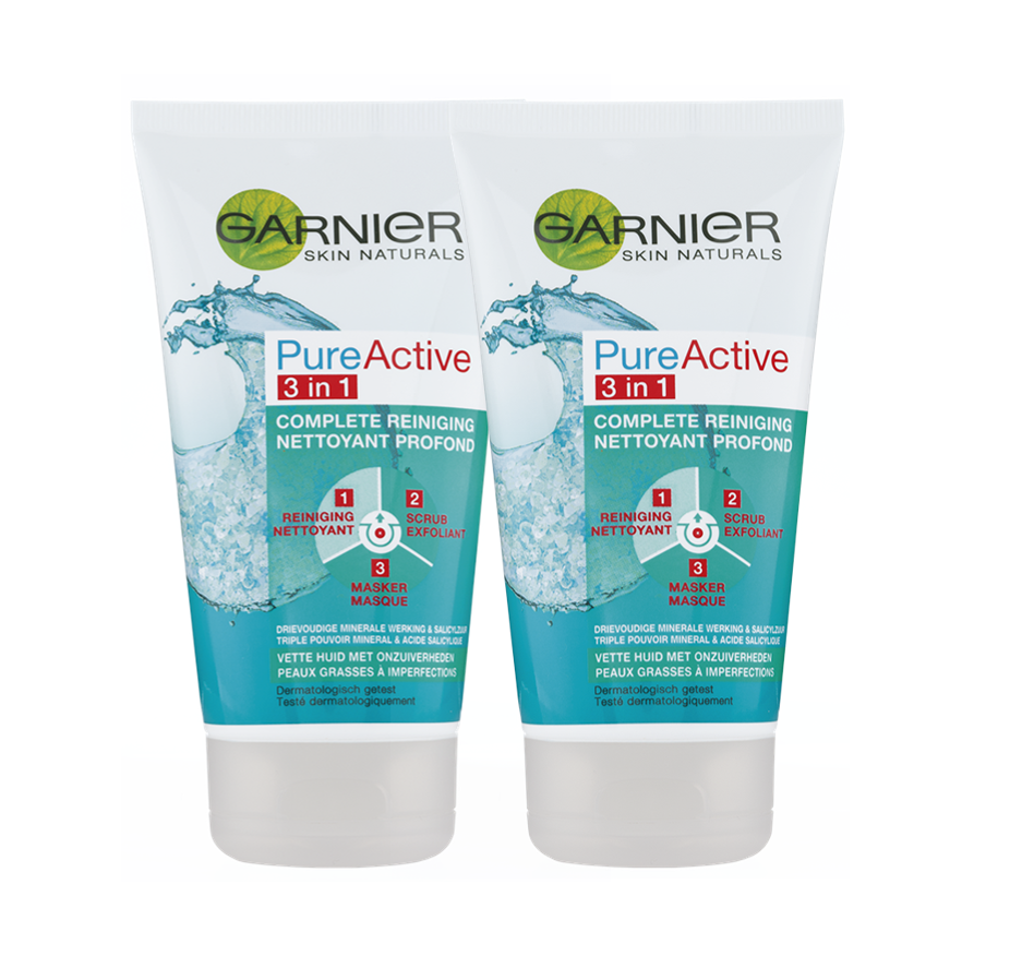 Garnier Skinactive Face PureActive 3-in-1 met Klei Argile voor de Gemengde Huid met Onzuiverheden - 2 x 150ml - Reiniging, Scrub, Masker
