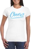 Bellatio Decorations Verkleed T-shirt voor dames - cheers - wit - blauwe glitter - carnaval XL