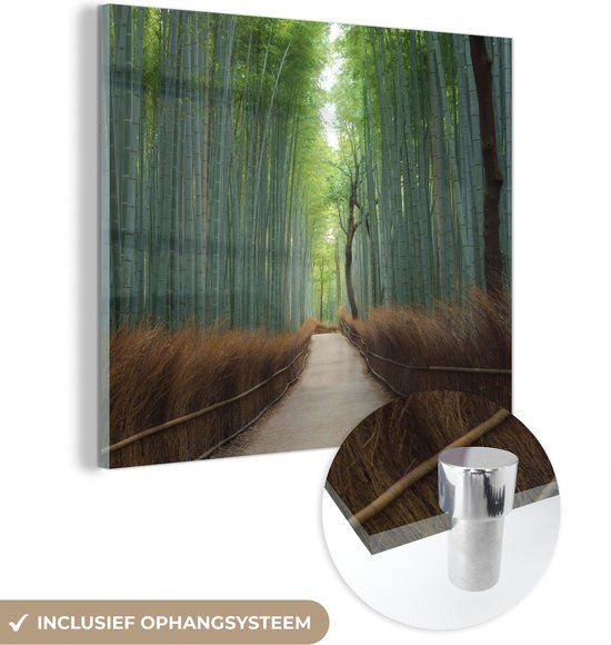 MuchoWow® Glass Painting 20x20 cm - Bamboo - Path - Forest - Photo on Glass - Paintings