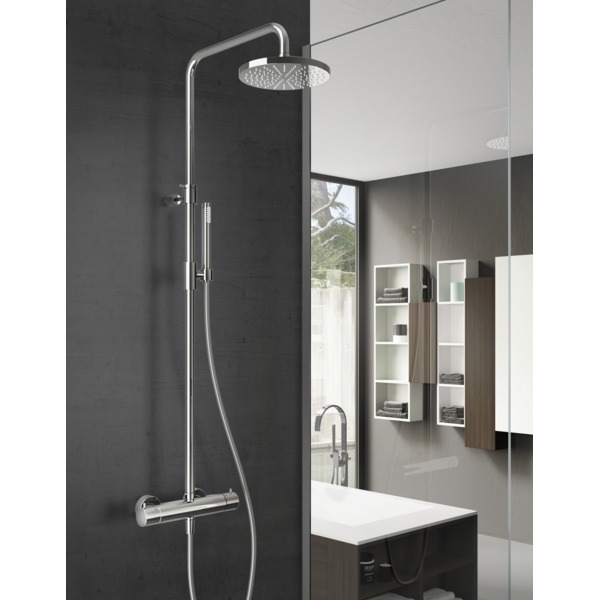 hotbath Get Together thermostatische douche opbouwset inclusief 2-wegs omstel met staafmodel handdouche met 25cm ronde hoofddouche Nikkel Geborsteld SDS1GN4