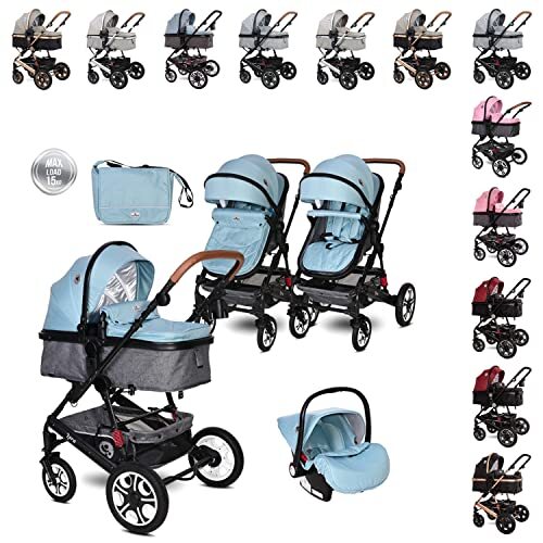 Lorelli Lora 3-in-1 combi-kinderwagen, draagtas, sportstoel, voetafdekking, kleur: blauw