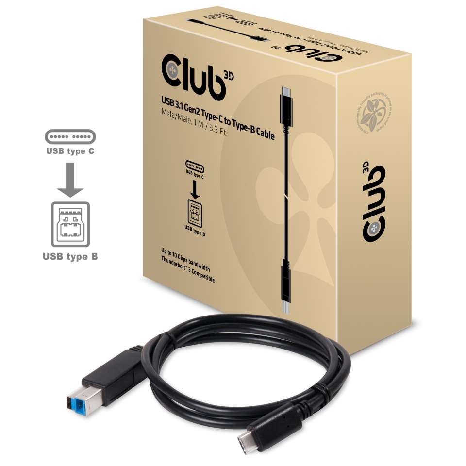 Club 3D USB 3.1 Gen2 Type-C naar Type-B Kabel - 1 meter - Zwart