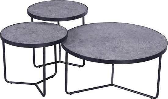 Set van 3 Industriële Salontafels Varzi - Grijs - Rond - Betonlook