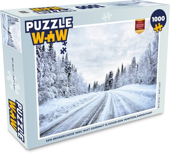 MuchoWow Puzzel Een besneeuwde weg wat omringt is door een winterlandschap - Legpuzzel - Puzzel 1000 stukjes volwassenen - Sinterklaas cadeautjes - Sinterklaas voor grote kinderen