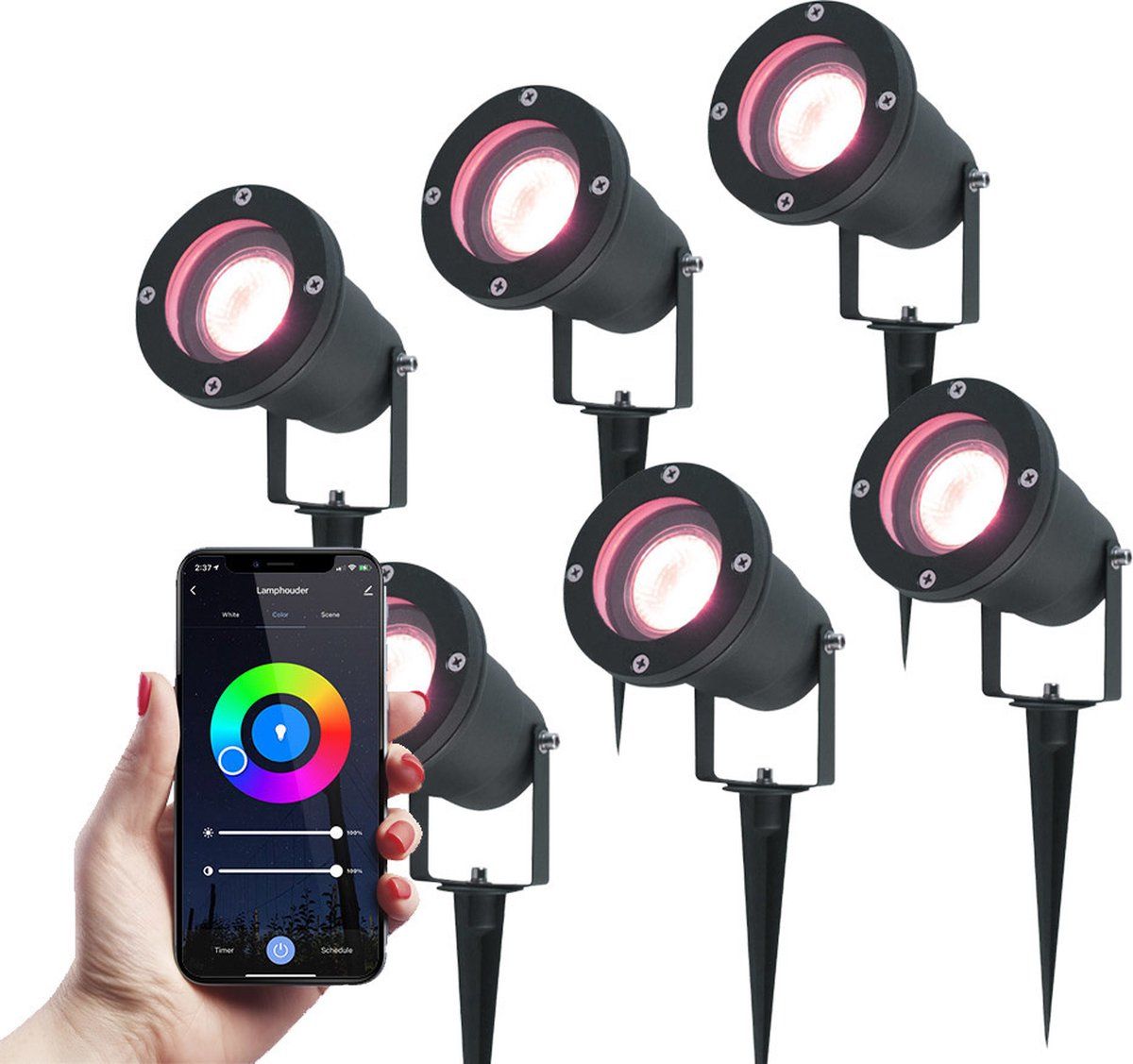 V-tac Set van 6 Smart LED Prikspots - RGBWW - Kantelbaar - Zwart